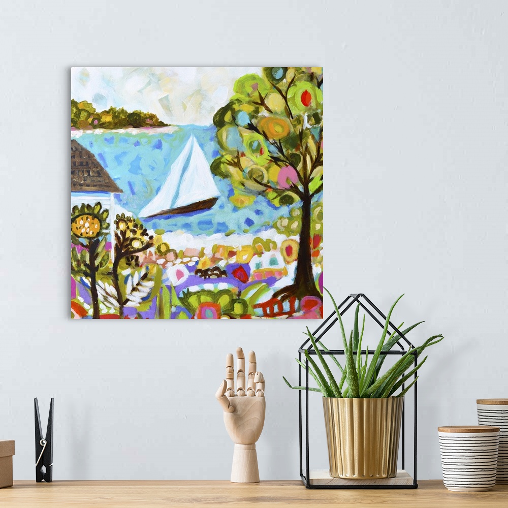 A bohemian room featuring Contemporary artwork of a sailboat on the ocean, with a tree in the foreground.