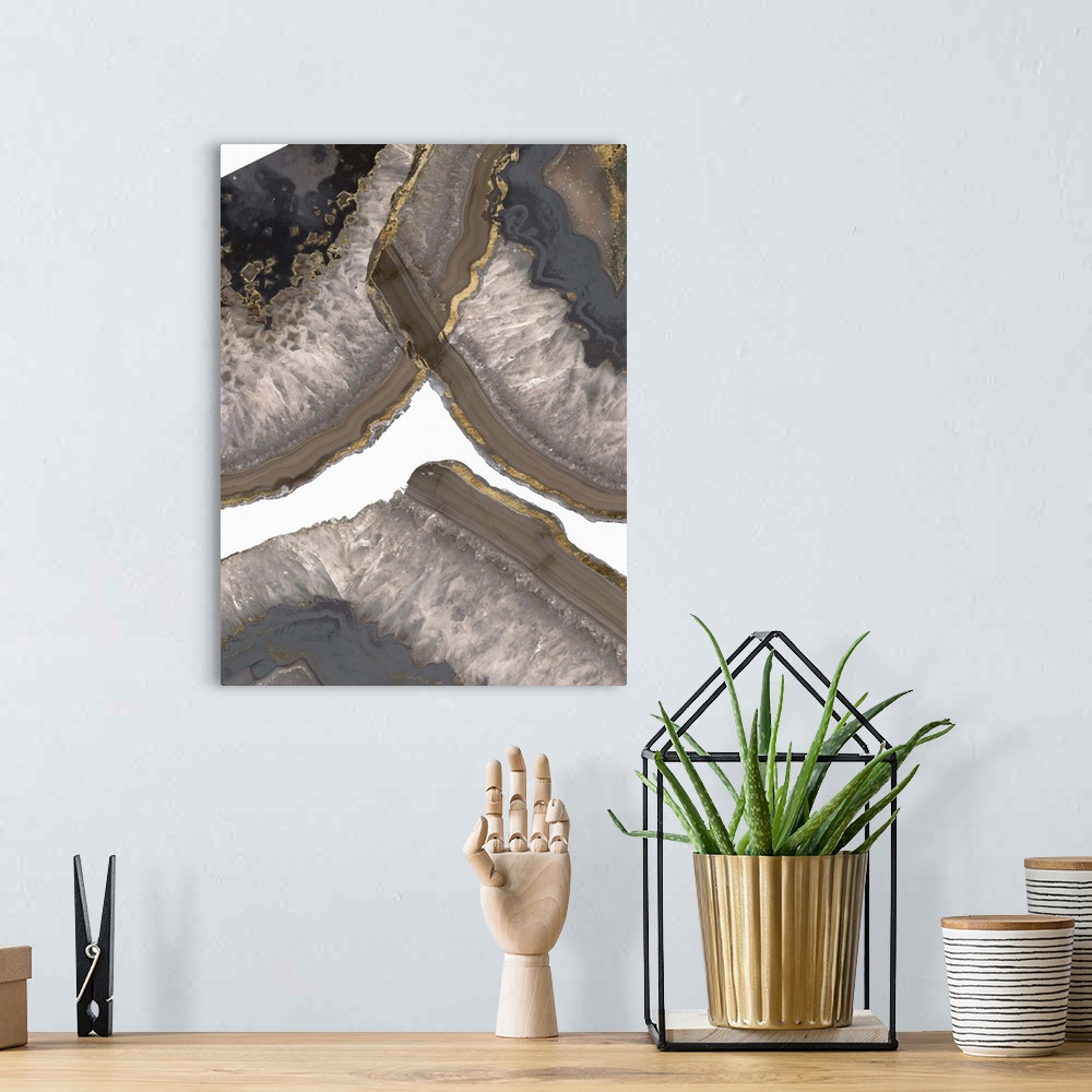 A bohemian room featuring Abstract art print of agate cross sections in brown and grey shades.