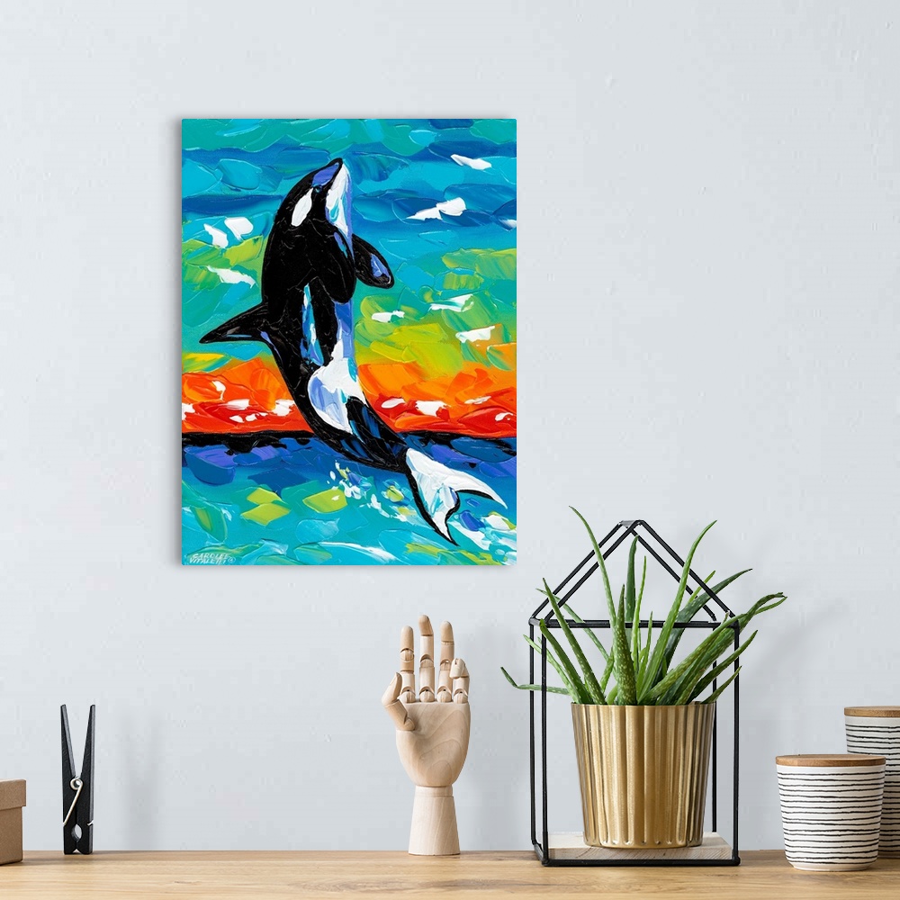 A bohemian room featuring Contemporary painting using vivid colors of a killer whale leaping from the water.