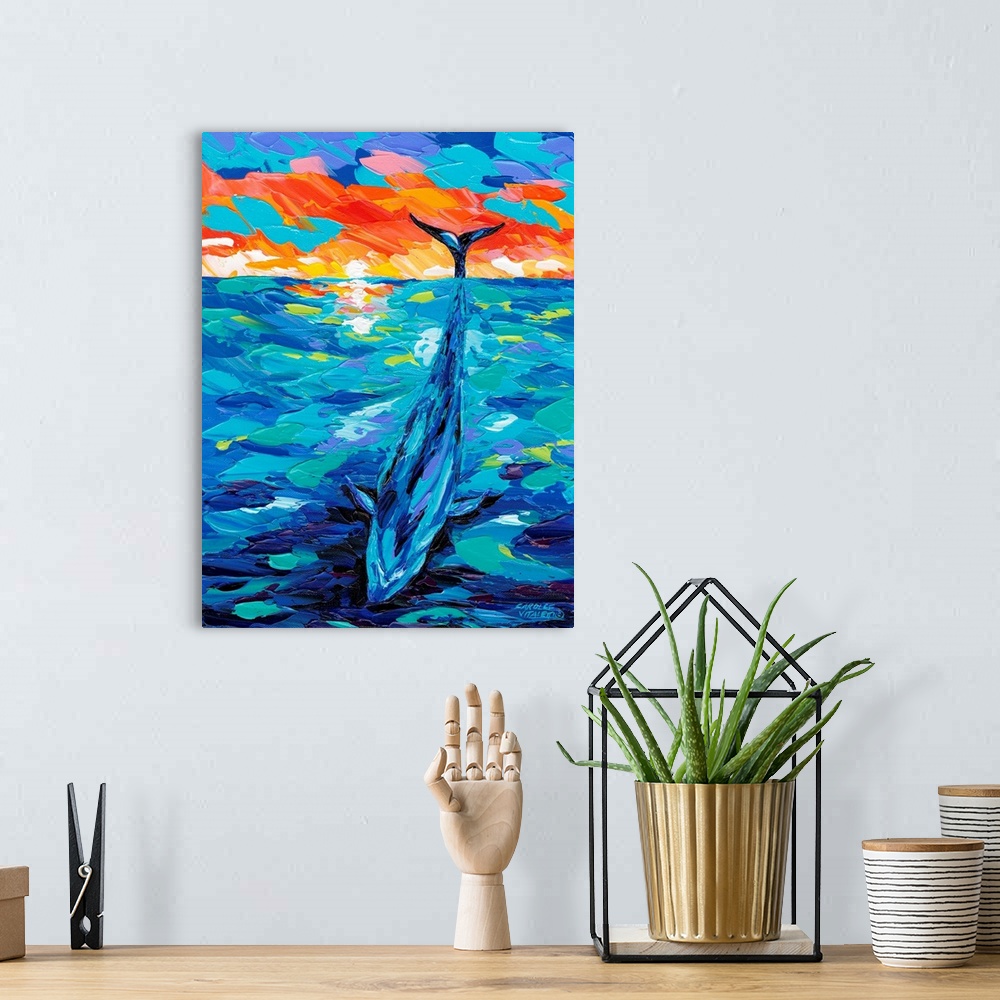 A bohemian room featuring Contemporary painting using vivid colors of a whale breaching the surface of the water.