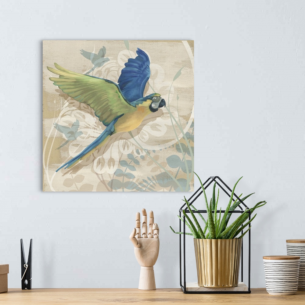 A bohemian room featuring Painting of a Blue and Gold Macaw in flight over a floral motif.