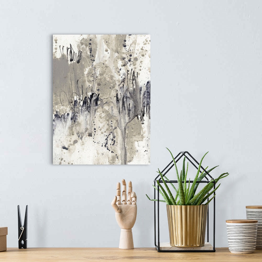A bohemian room featuring This abstract artwork is constructed from thick brush strokes, smeared paint and paint splatter w...