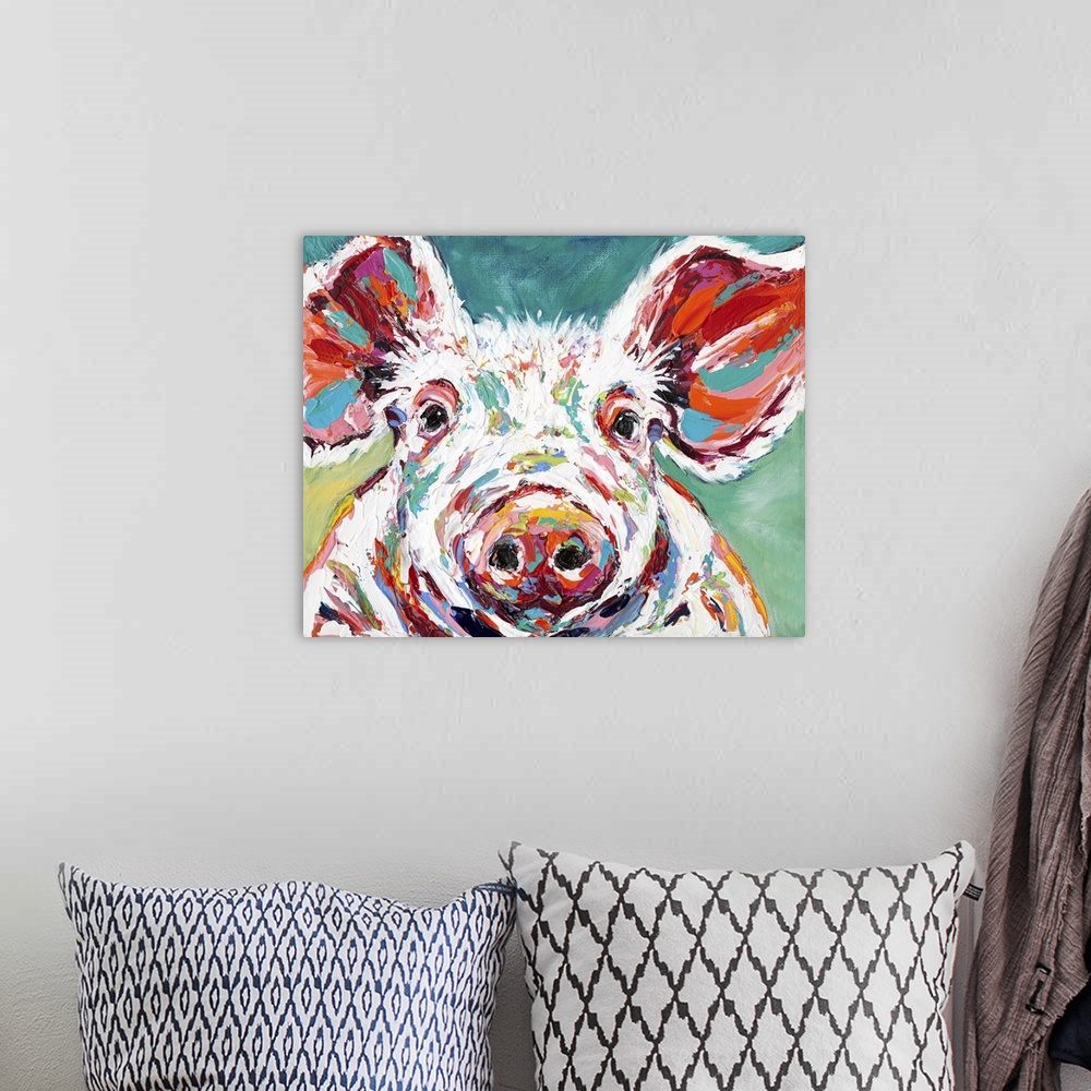 A bohemian room featuring Contemporary portrait of a cheerful pig in bright colors and highlights.