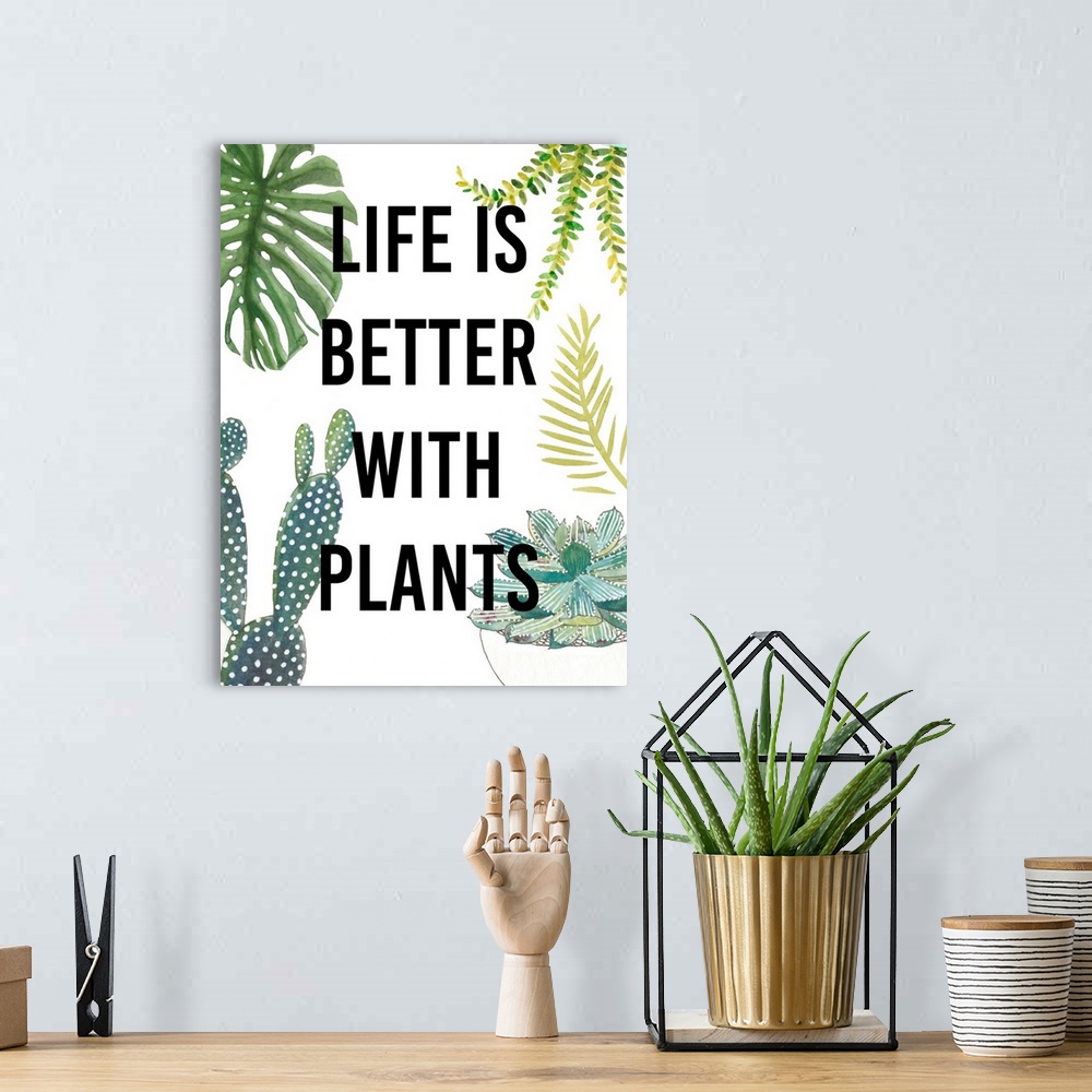 A bohemian room featuring Humorous typography artwork decorated with watercolor succulents and ferns.