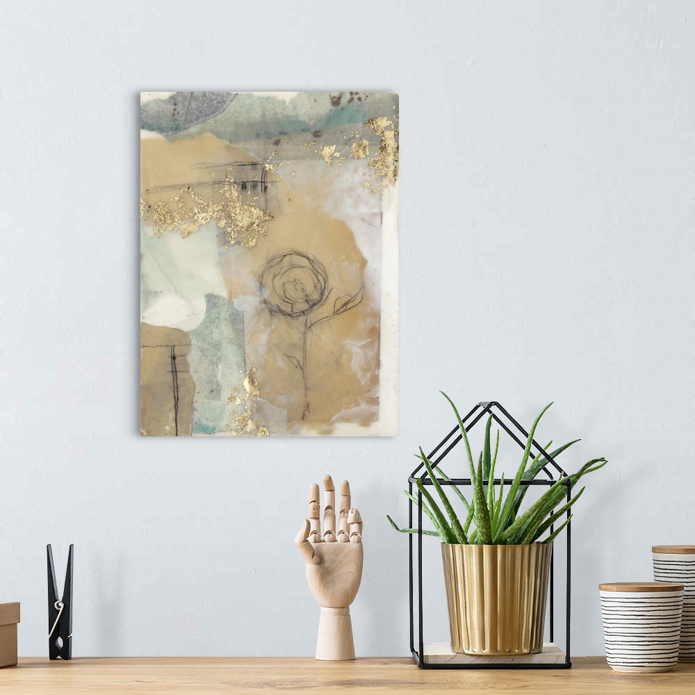 A bohemian room featuring Abstract contemporary artwork in grey and tan with a stylized flower design.