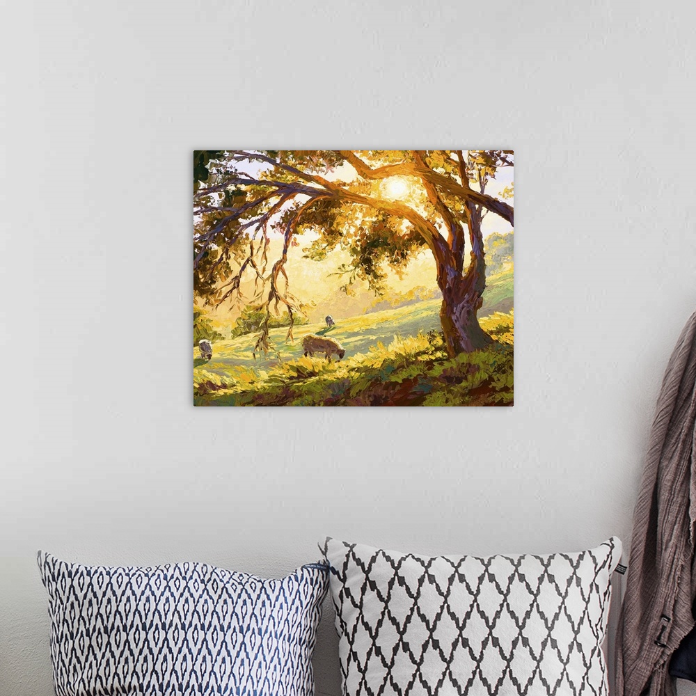 A bohemian room featuring Contemporary artwork of a countryside field in the light of early morning while animals graze.