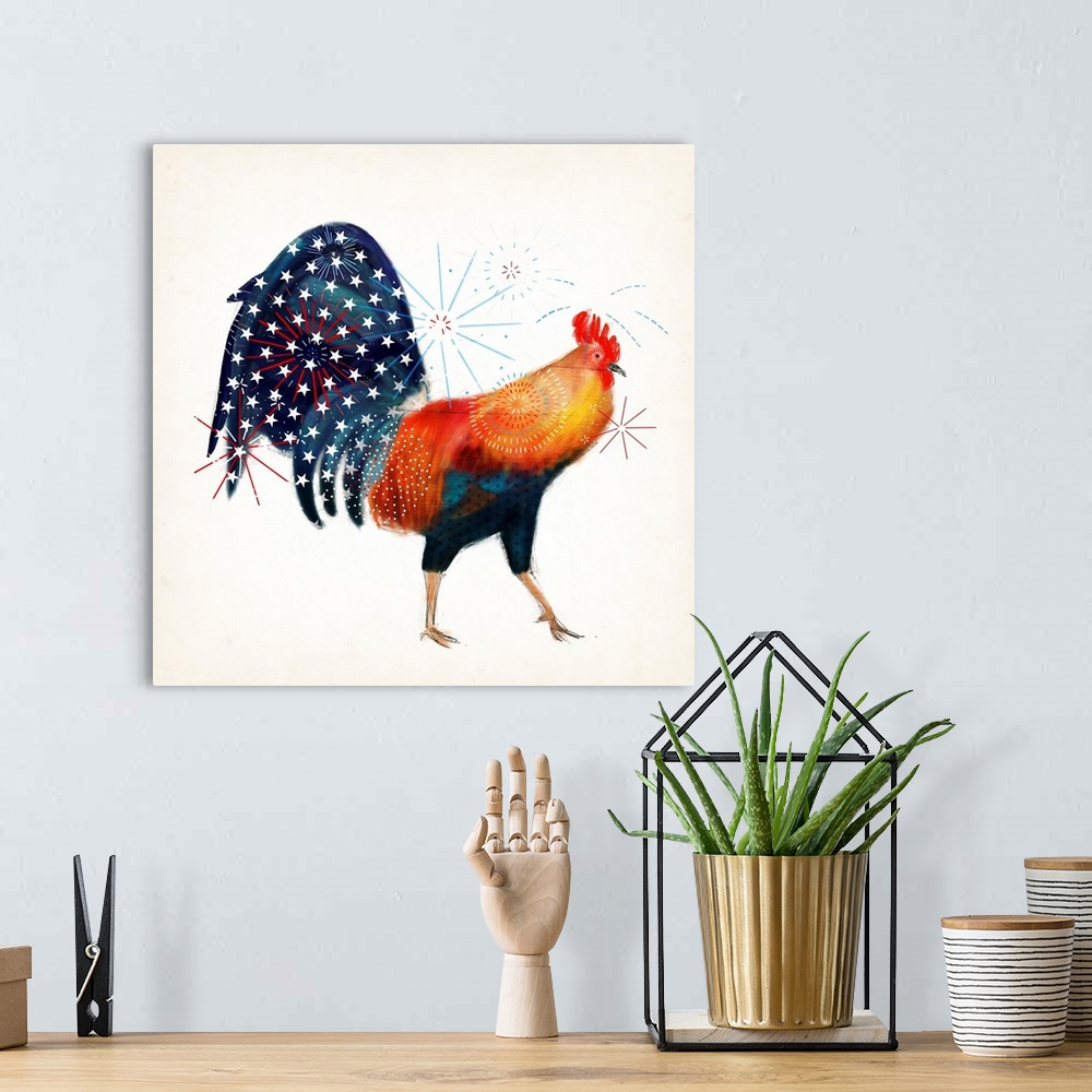 A bohemian room featuring An artistic image of a rooster with an star design on his tail and firework shapes overlapping.