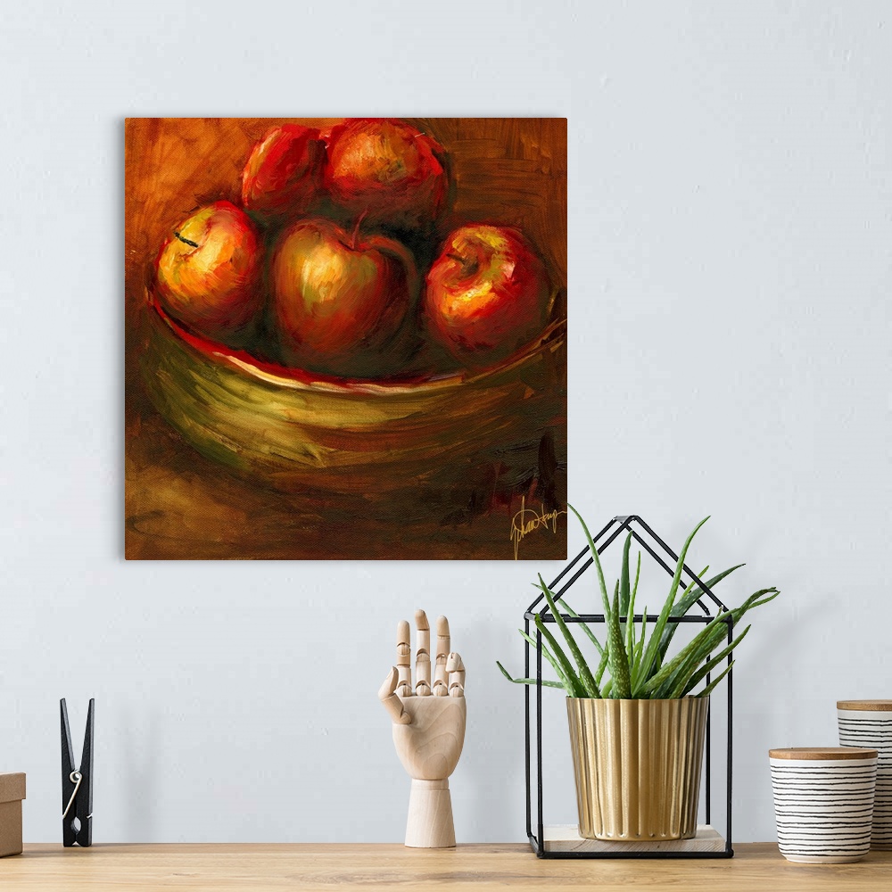 A bohemian room featuring Docor perfect for the home of a batch of apples painted in a large bowl.