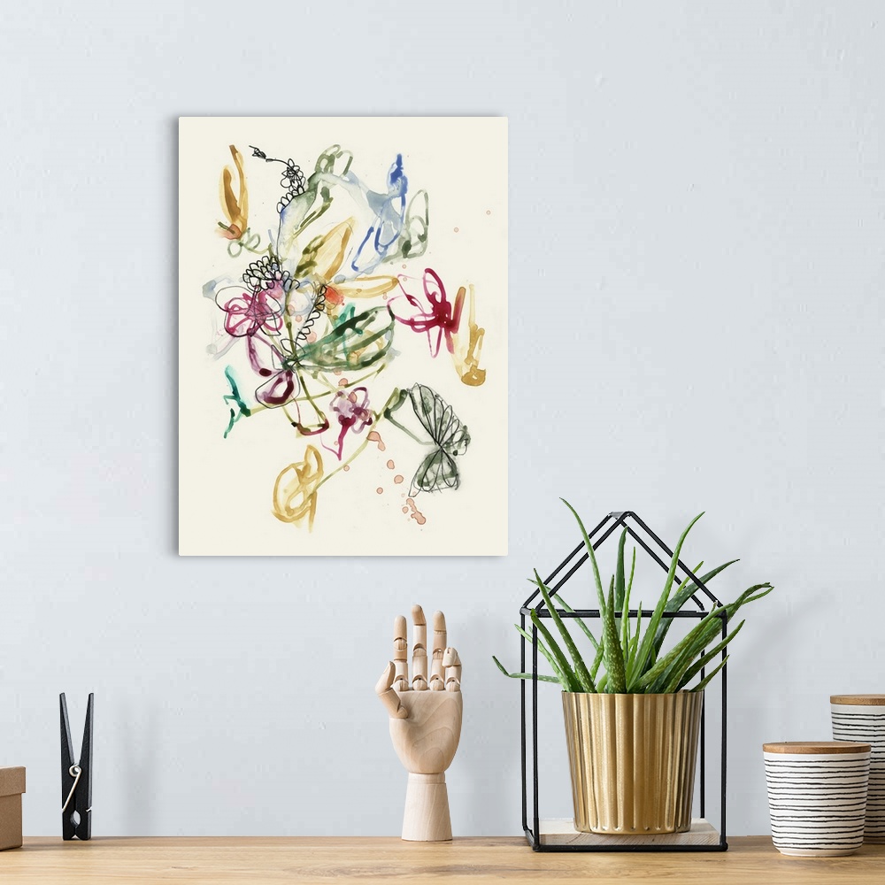 A bohemian room featuring Contemporary painting of abstracted flowers in a variety of colors against a cream toned background.
