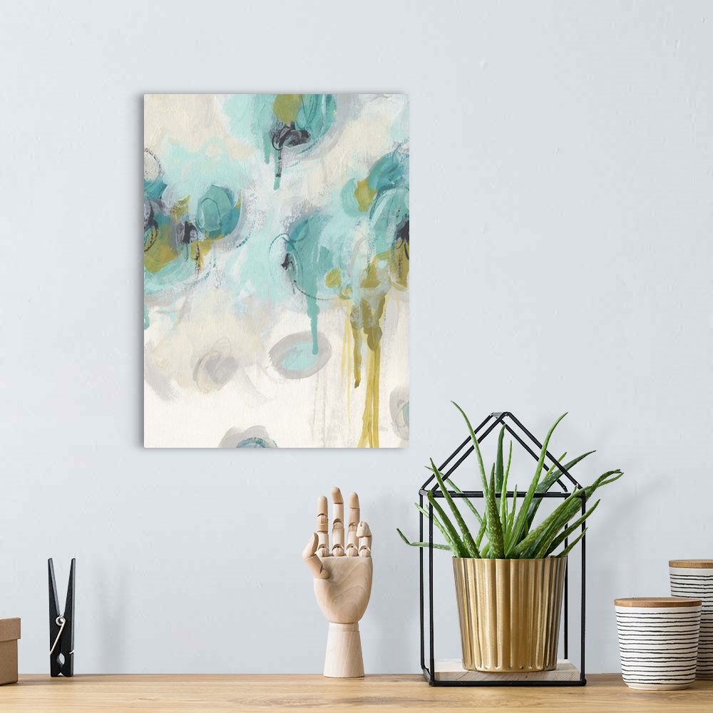 A bohemian room featuring Contemporary abstract painting using pastel teal and blue tones with gray colored organic shapes ...