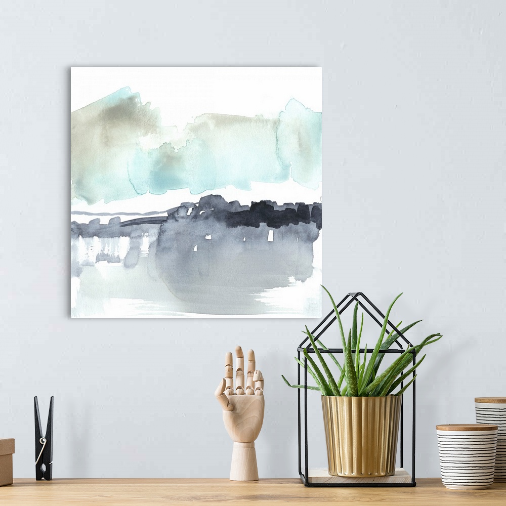 A bohemian room featuring Square watercolor painting of abstract landscape of snow against a white background.