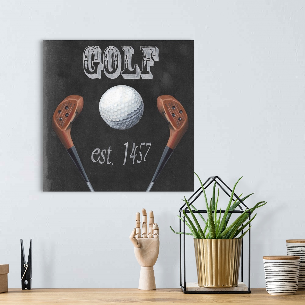 A bohemian room featuring Chalkboard style home decor artwork of golf imagery.