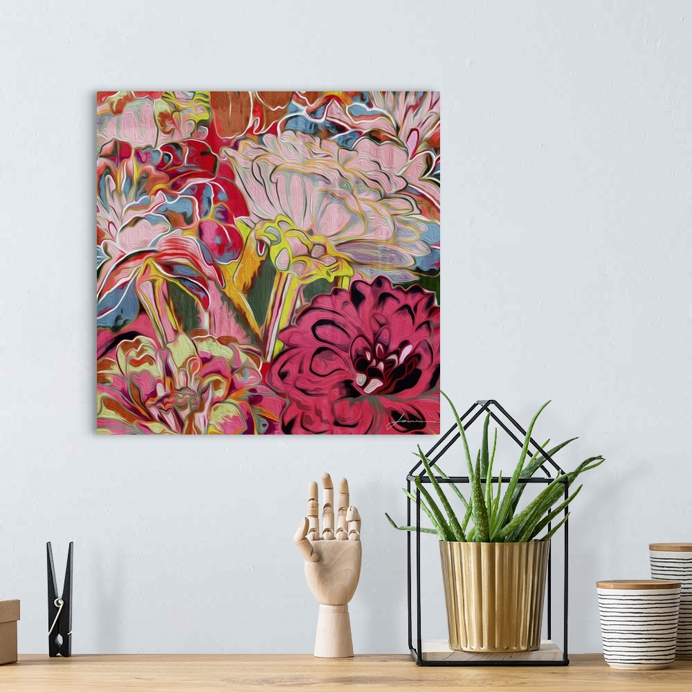 A bohemian room featuring Brightly colored artwork of a group of blossoming flowers.