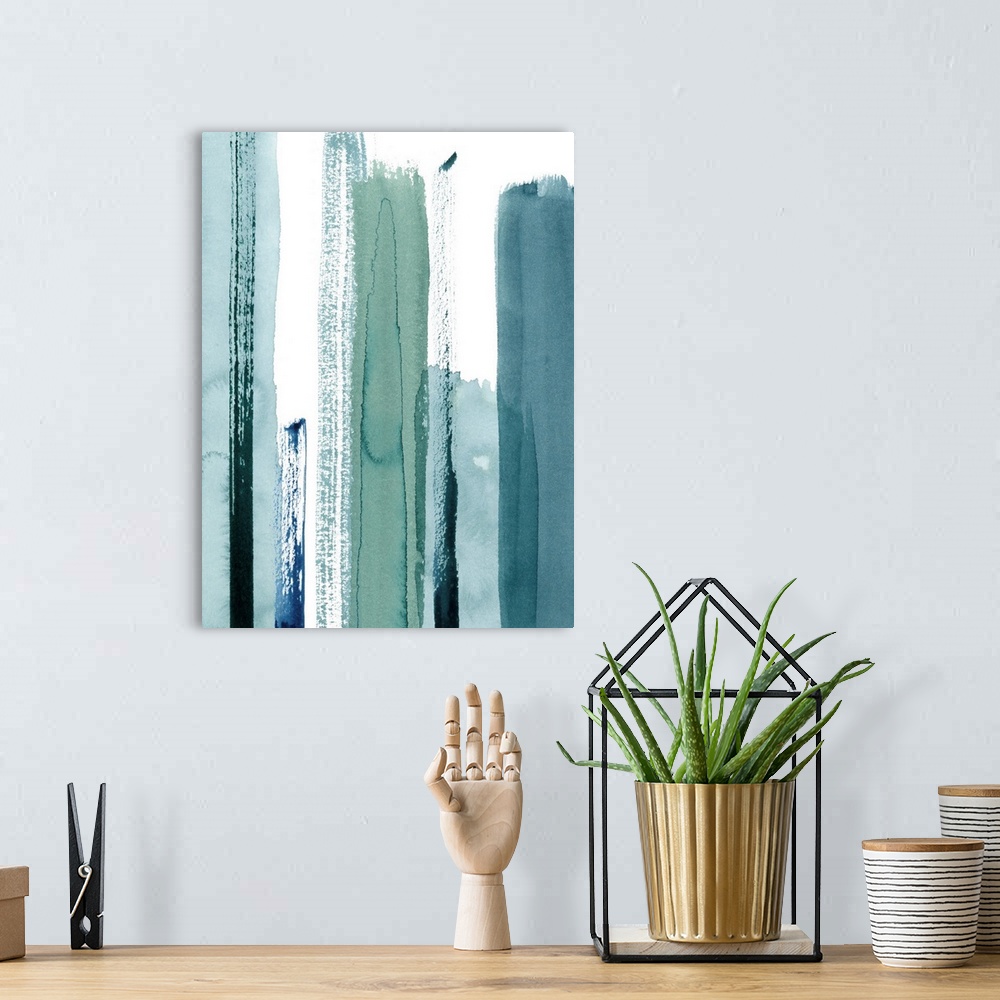 A bohemian room featuring Contemporary abstract painting of watercolor brush strokes in various shades of blue.