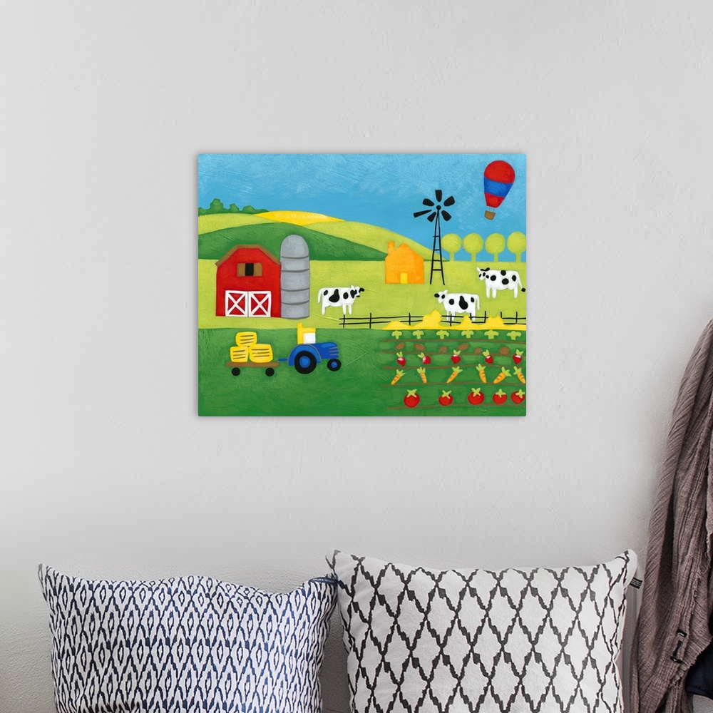 A bohemian room featuring Children's artwork of a ranch scene with a barn, tractor, cows, windmill, and garden with rolling...
