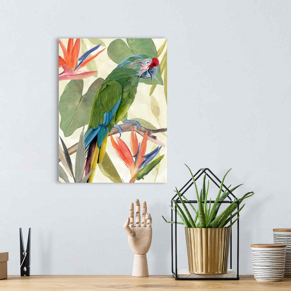 A bohemian room featuring Tropical Parrot Composition I