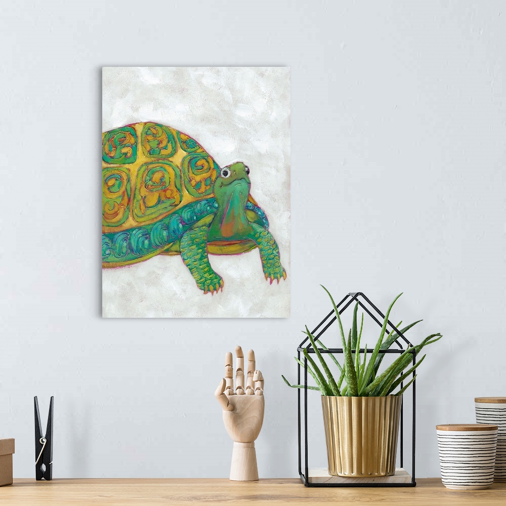 A bohemian room featuring Children's illustration of a friendly turtle in shades of teal and orange.
