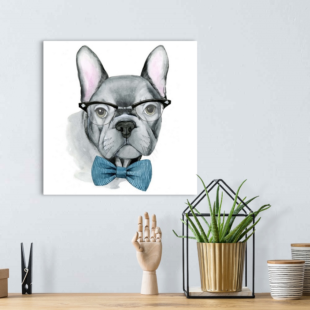 A bohemian room featuring Humorous illustration of a French bulldog wearing large glasses and a bow.