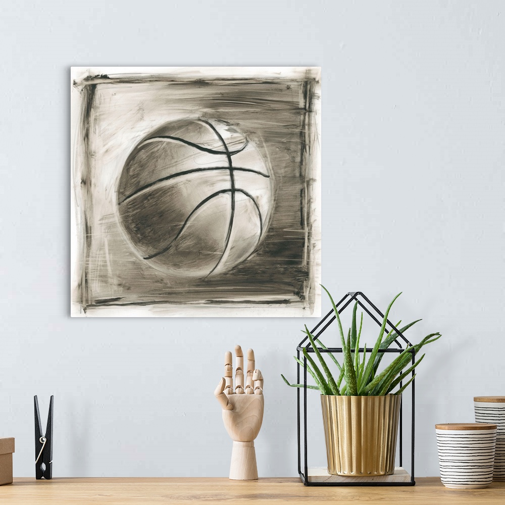 A bohemian room featuring Sepia toned sketch of a basketball.