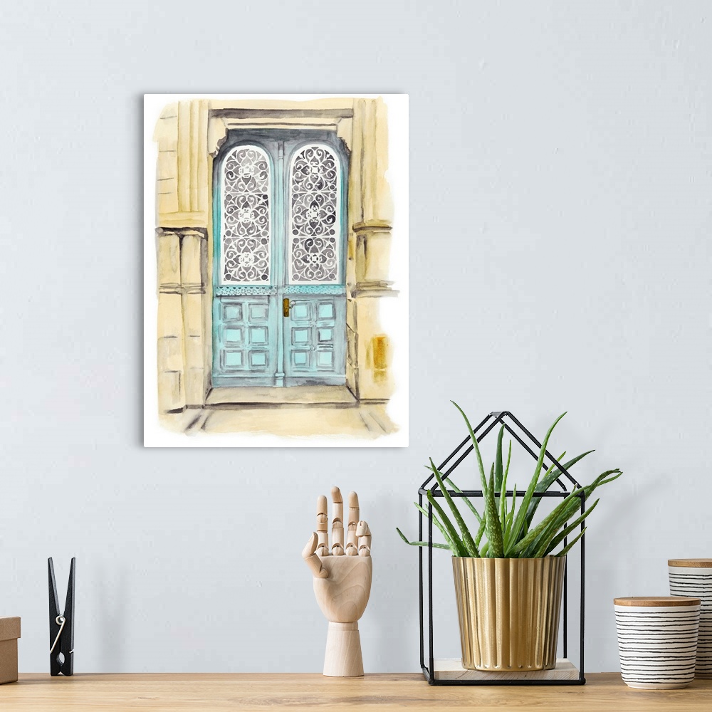 A bohemian room featuring Artwork of a pale blue door with white lattice work over the windows.