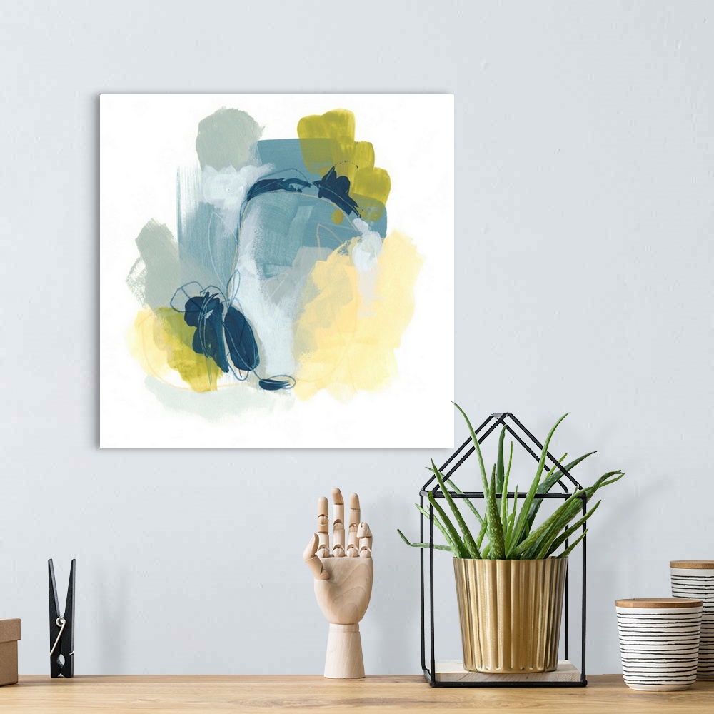 A bohemian room featuring Contemporary abstract painting in blue, green, and yellow.