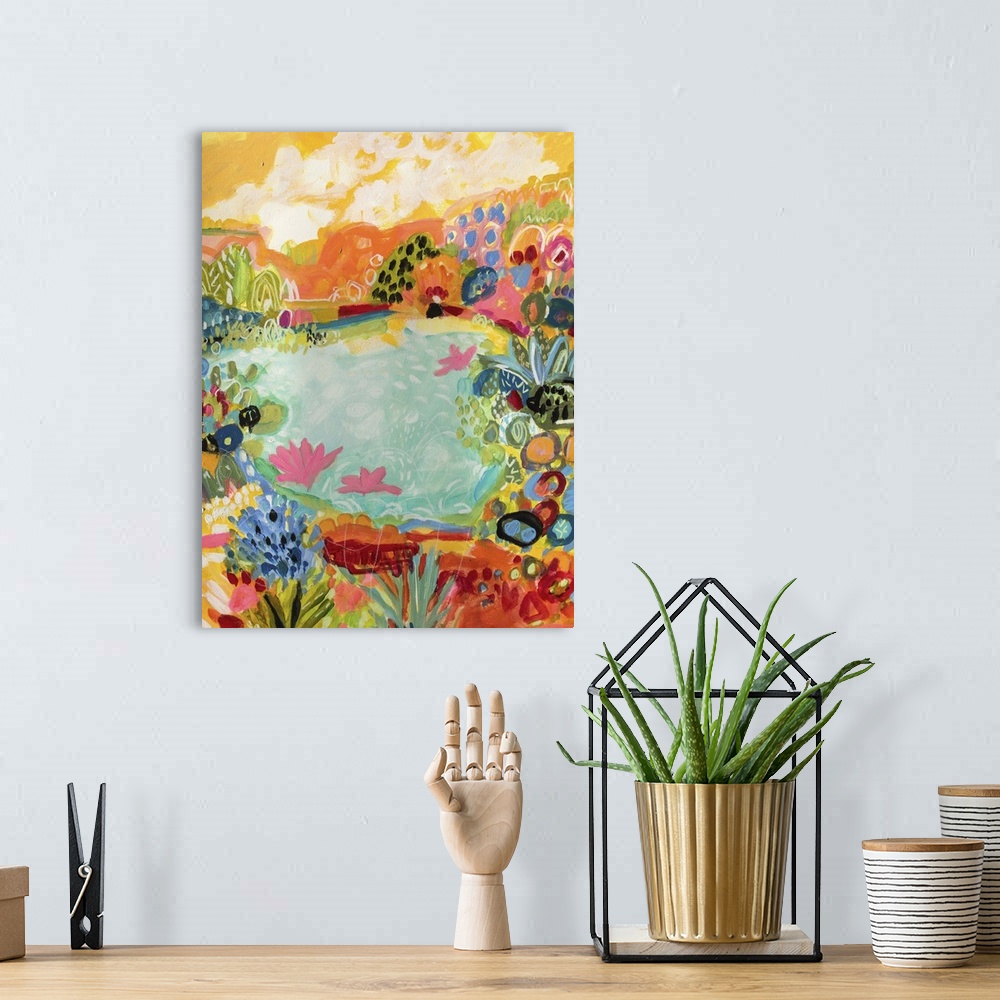 A bohemian room featuring Contemporary artwork of flowers blooming around a tropical pond.