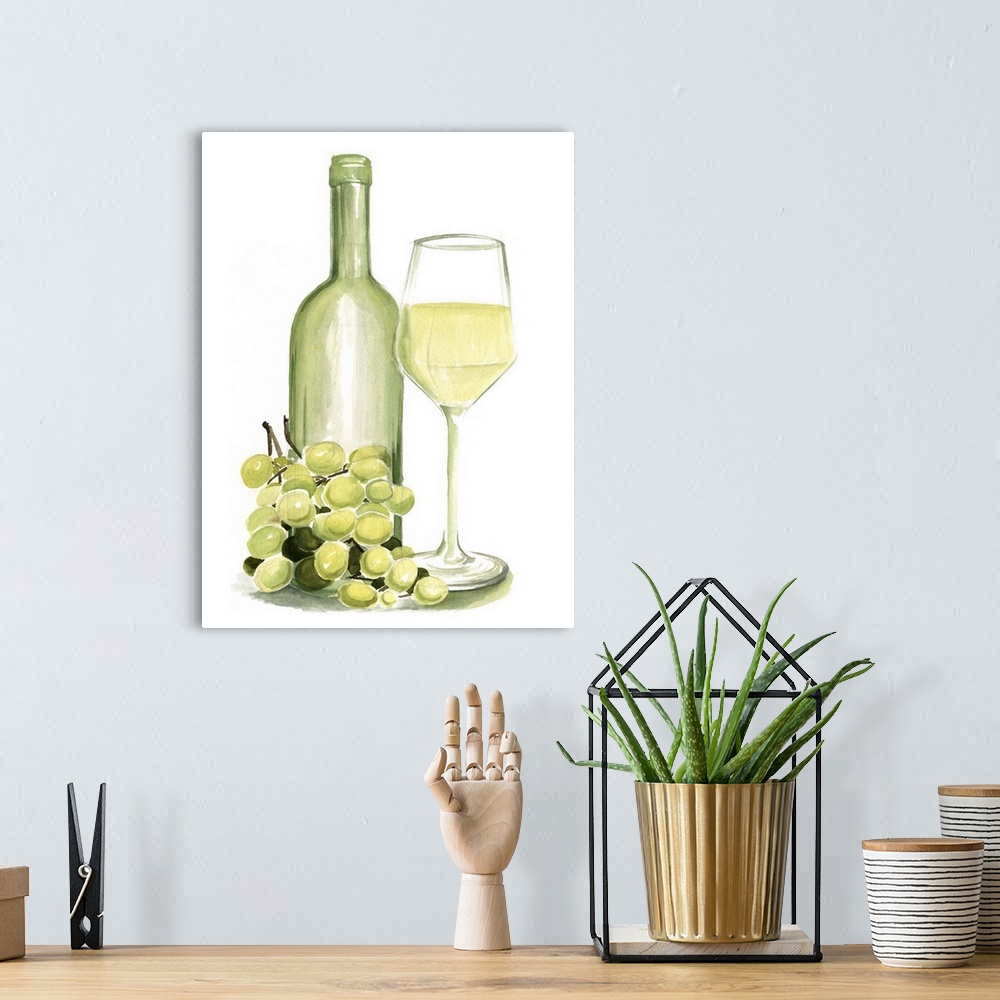 A bohemian room featuring A watercolor painting of a glass of white wine accompanied by grapes and green bottle fills this ...