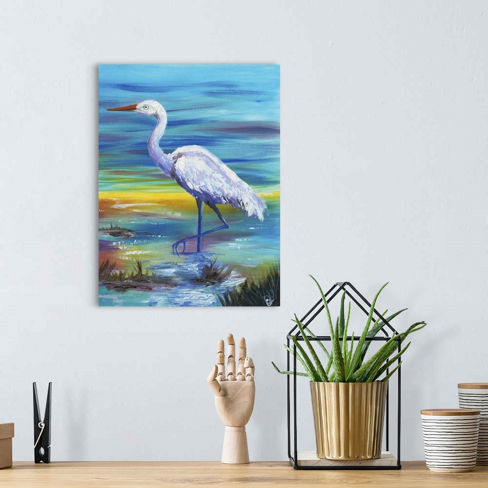 A bohemian room featuring Painting of a white egret standing in shallow water at sunset.