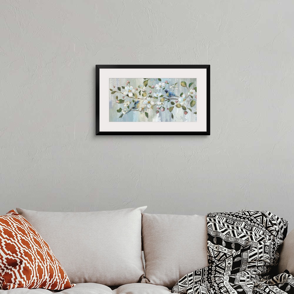 A bohemian room featuring Contemporary painting of two blue birds perched on a branch with white flowers, pink flower buds,...