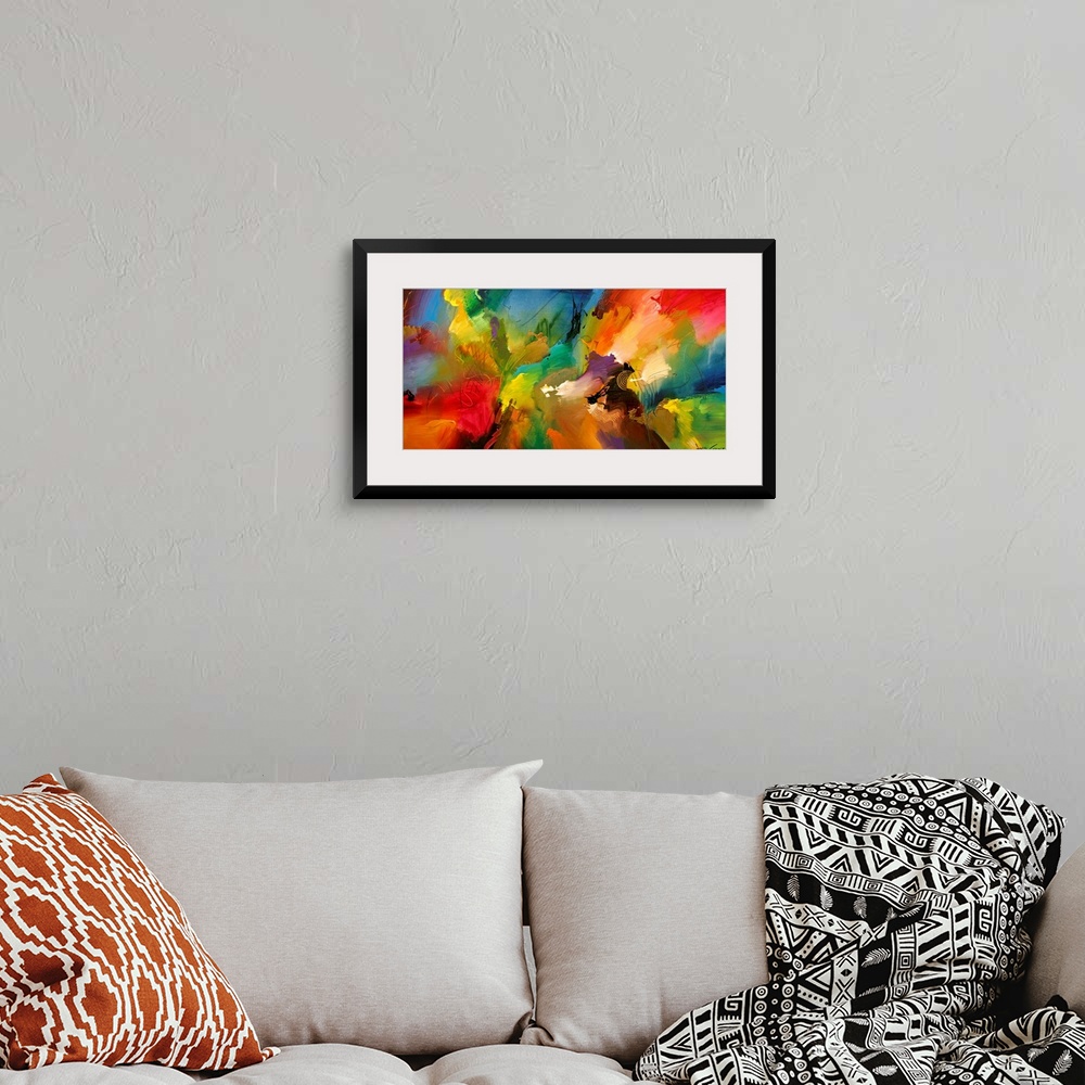 A bohemian room featuring A large abstract painting displaying a multitude of colors and a variety of different textures.