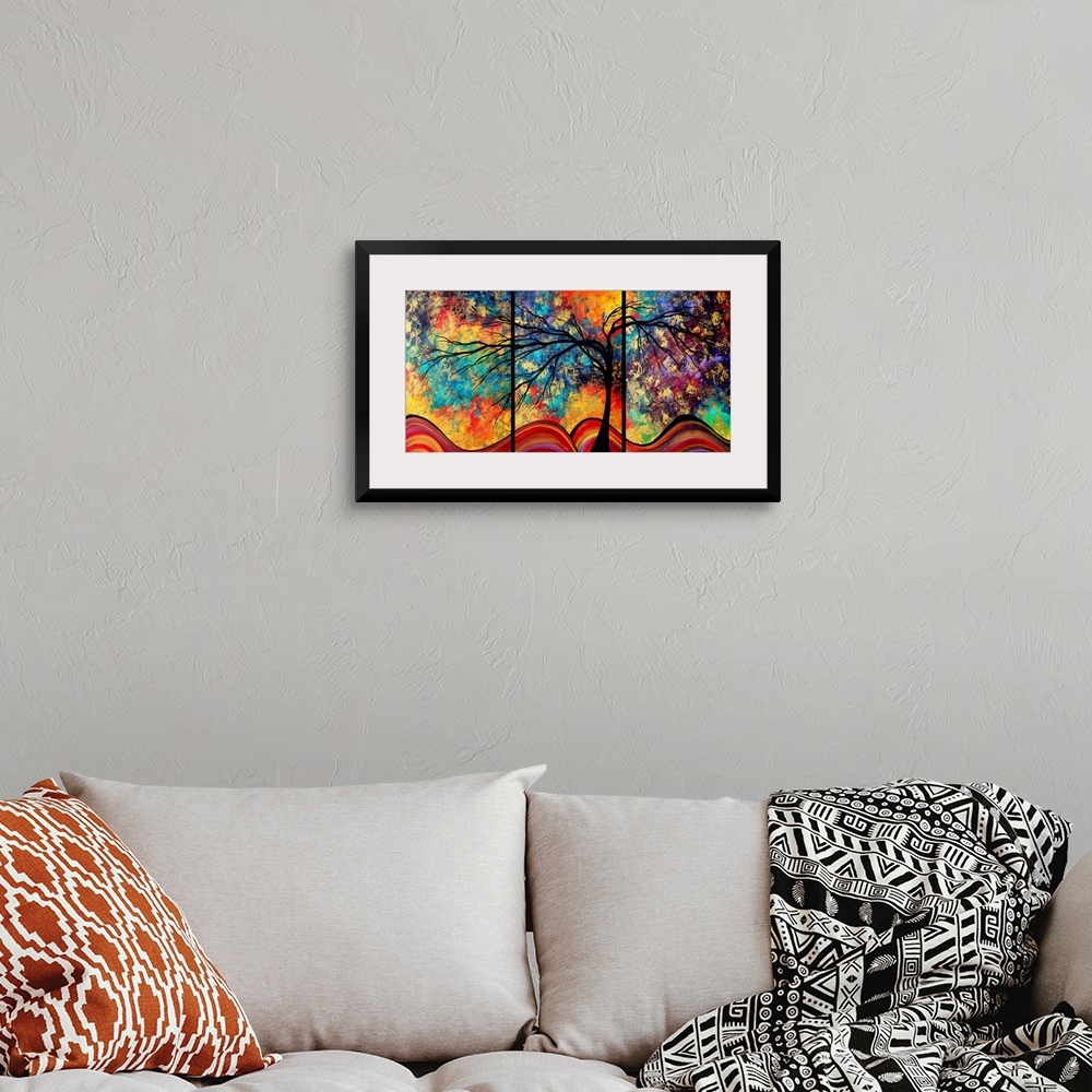 A bohemian room featuring An abstract tree in front of a surreal, other worldly sky in this horizontal art work perfect for...