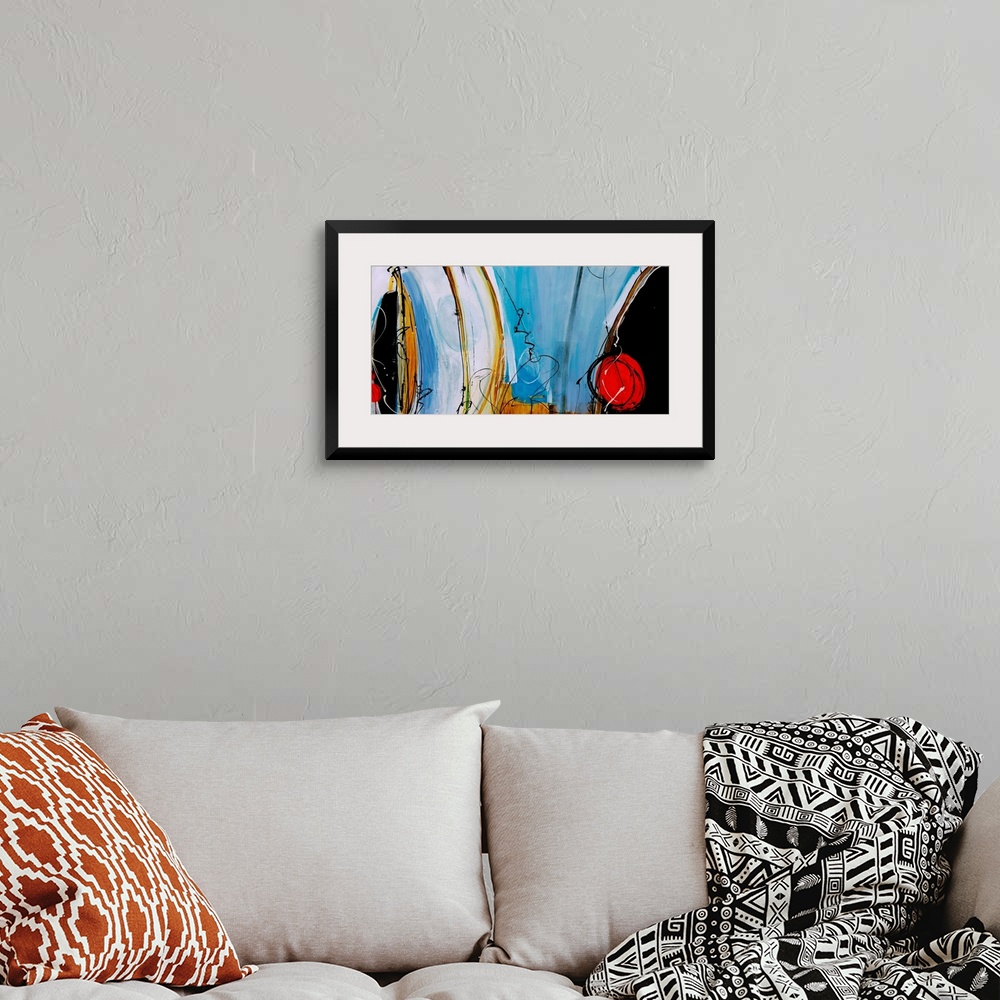 A bohemian room featuring Contemporary painting of light blue forms complemented by red, circular shapes, curved yellow lin...