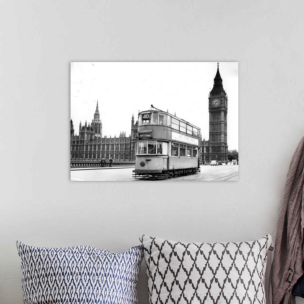 A bohemian room featuring One of the last trams to run in London going over Westminster Bridge  Big Ben can be seen in the ...