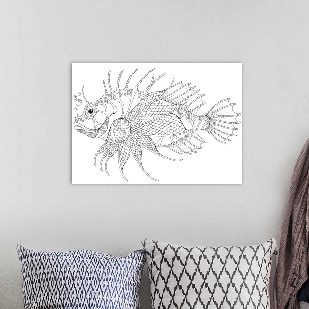 A bohemian room featuring Black and white line art of an intricately designed tropical fish.