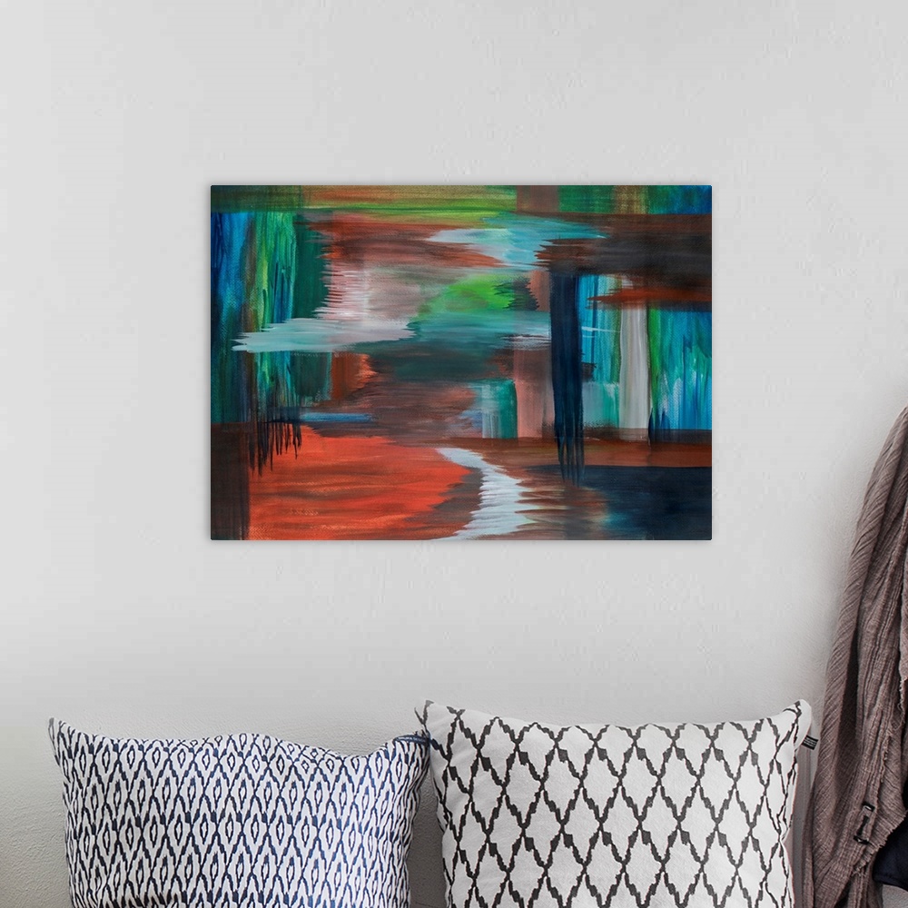 A bohemian room featuring Painting on paper of two vivid landscapes merging.