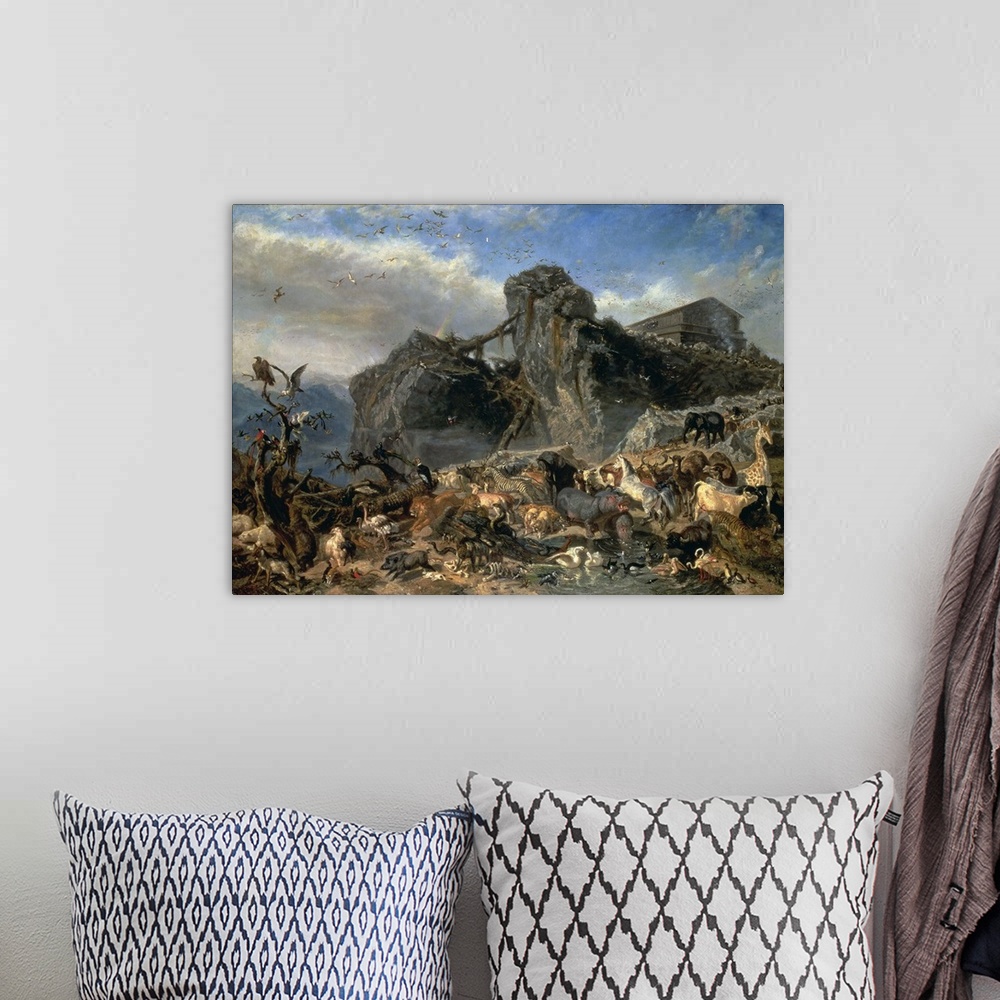A bohemian room featuring Animals Leaving the Ark, Mount Ararat, originally oil on canvas.