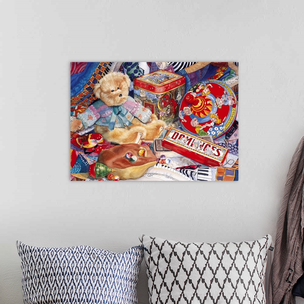 A bohemian room featuring Watercolor painting of children's toys piled together.