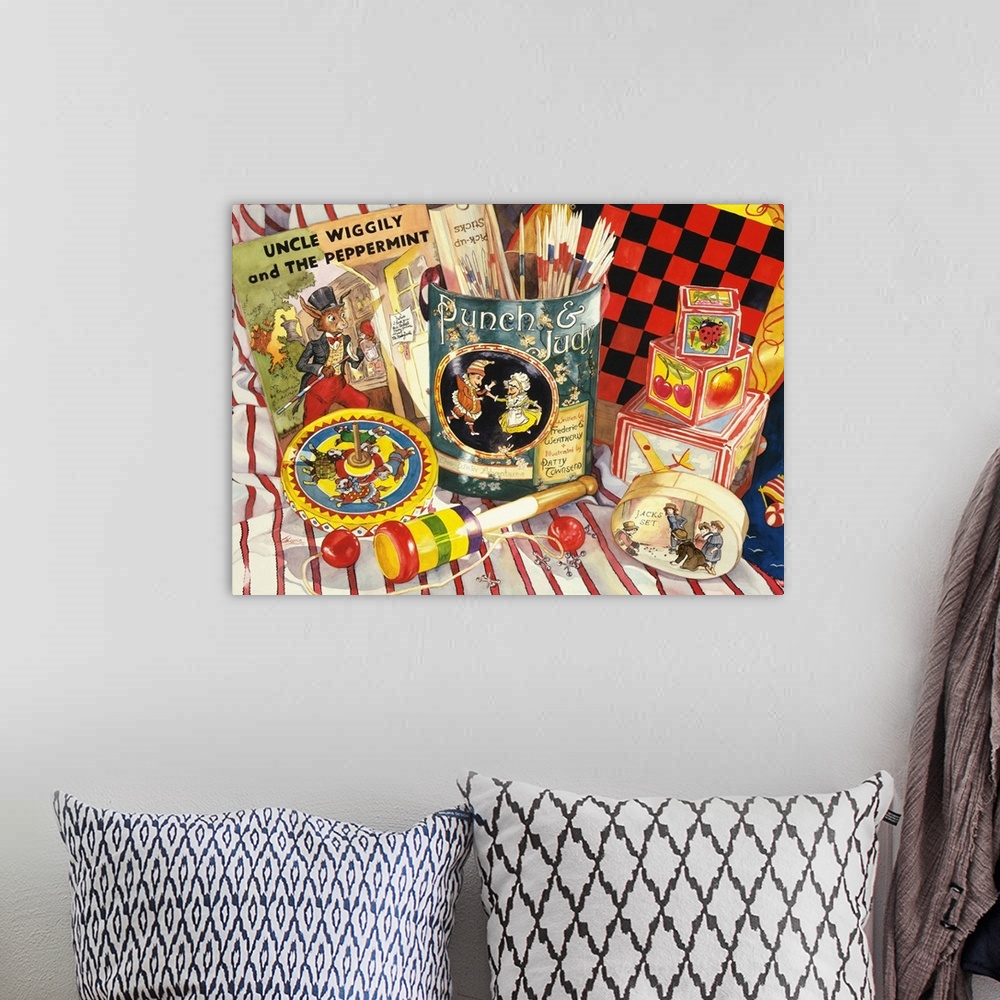 A bohemian room featuring Still life watercolor painting with various classic children's toys and books.