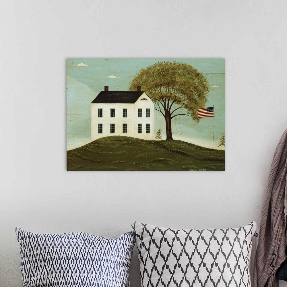 A bohemian room featuring Landscape, folk art painting on a large canvas of a two story house on a hill, with a large tree ...