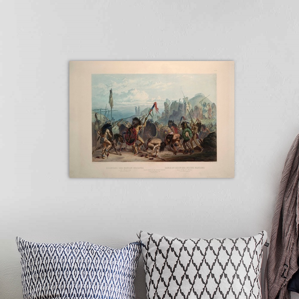A bohemian room featuring Bison dance of the Mandan Indians in front of their medicine lodge by Karl Bodmer. Hand-colored e...