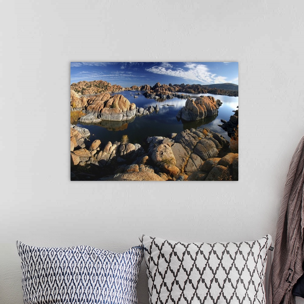 A bohemian room featuring Watson Lake near Prescott, Arizona, USA.  Panoramic stitch of 5 portrait format images.