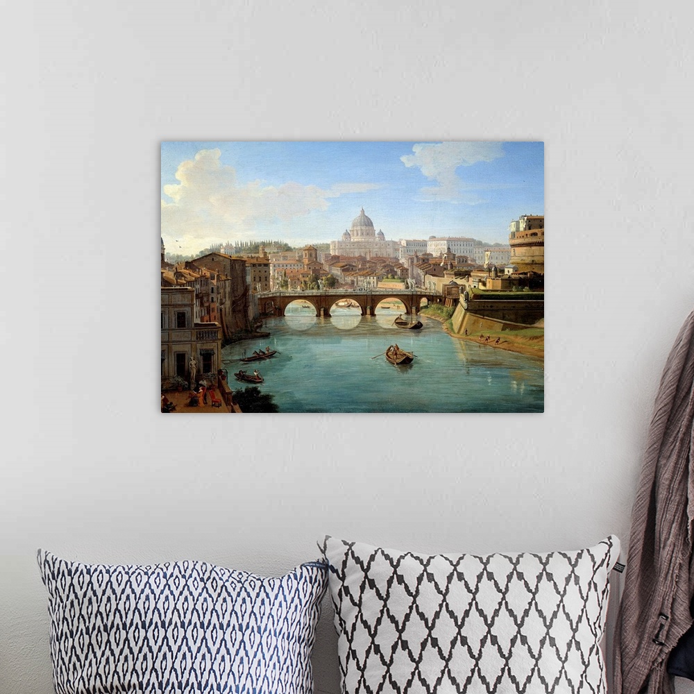 A bohemian room featuring View of St. Peter's Basilica in Rome, detail from the painting View of the Castel Sant'Angelo (Sa...