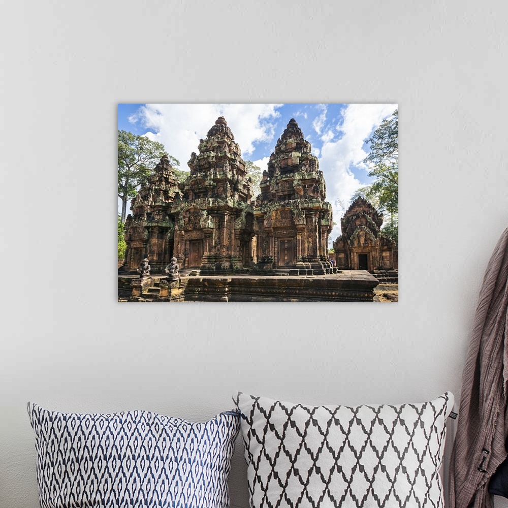 A bohemian room featuring Cambodia, Banteay Srei, Siem Reap Province. Discovered by the French in 1914, Banteay Srei is an ...