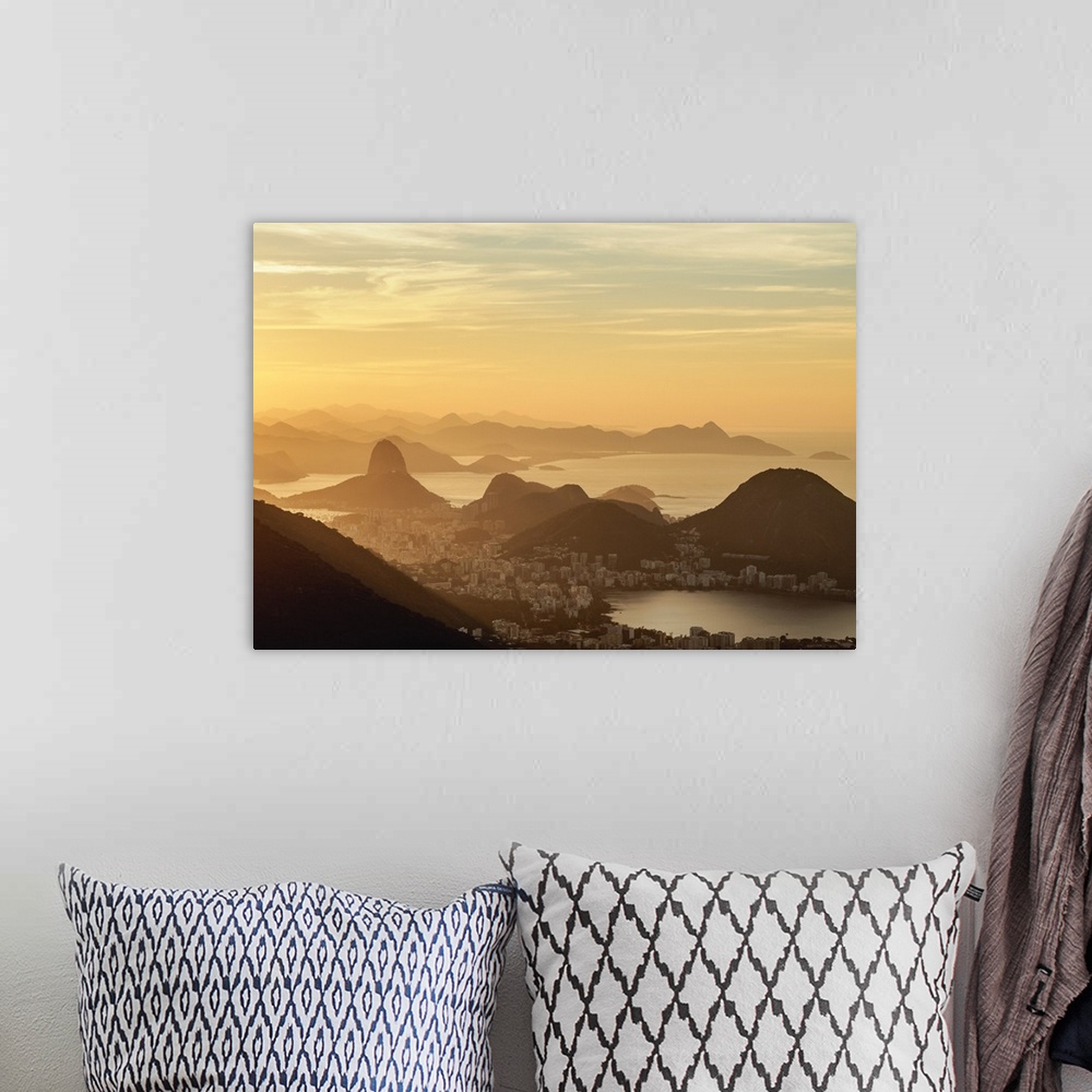 A bohemian room featuring View towards Corcovado and Sugarloaf Mountains from Tijuca Forest National Park at sunrise, Rio d...