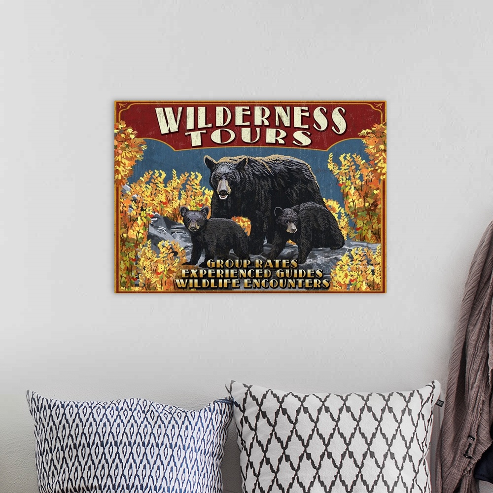 A bohemian room featuring Wilderness Tours - Black Bears - Vintage Sign