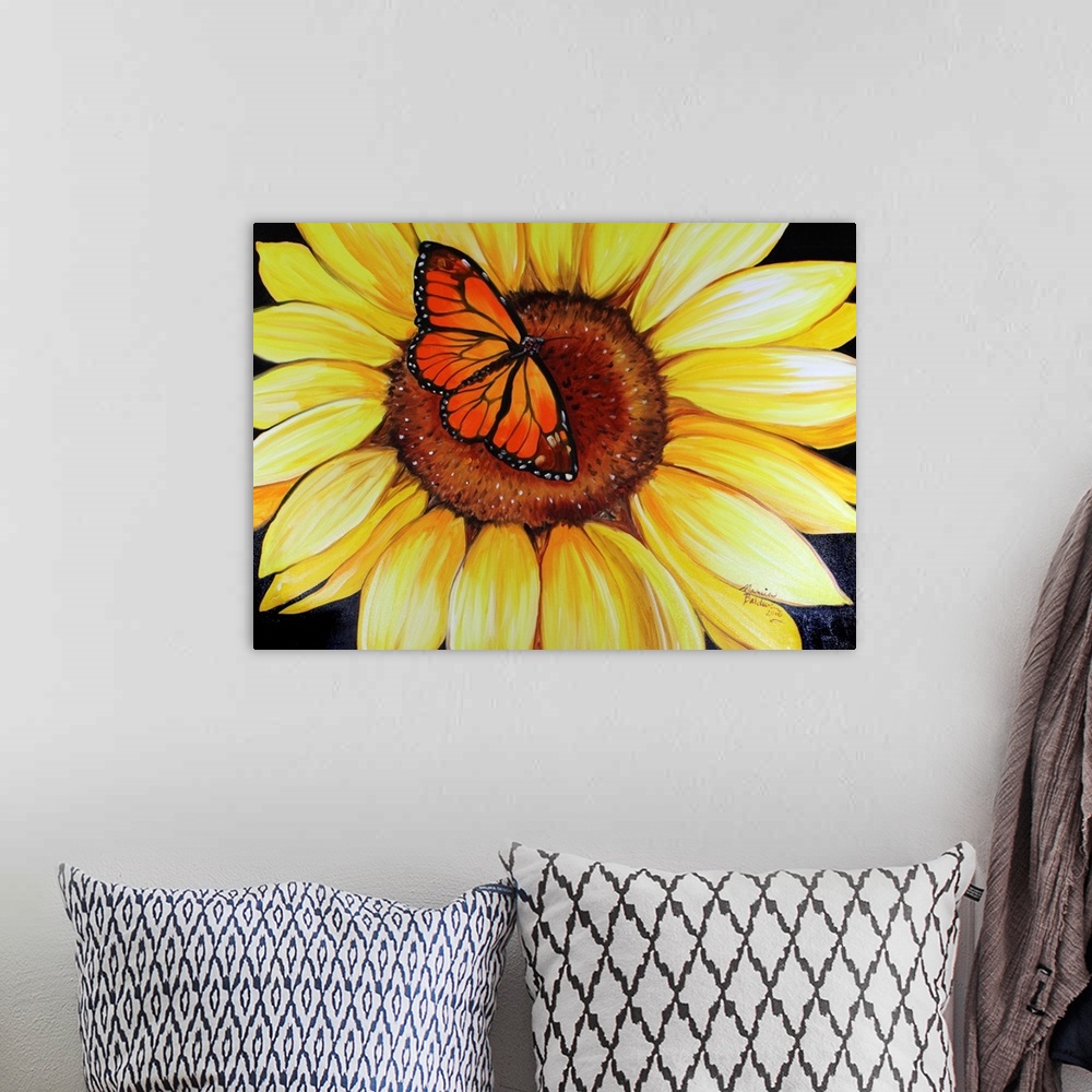 A bohemian room featuring Contemporary painting of a sunflower with an orange butterfly in the center.