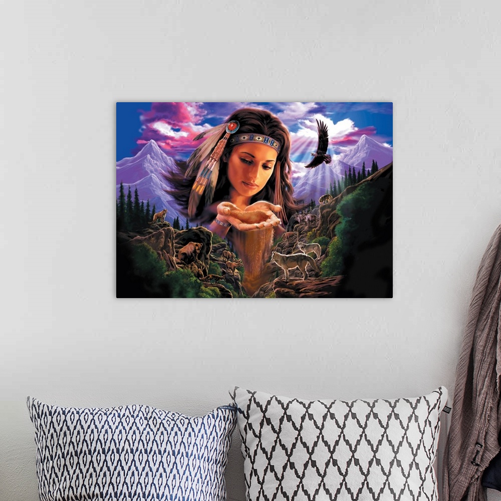A bohemian room featuring Fantasy style artwork of an Indian woman that is drawn as big as the mountains to either side of ...