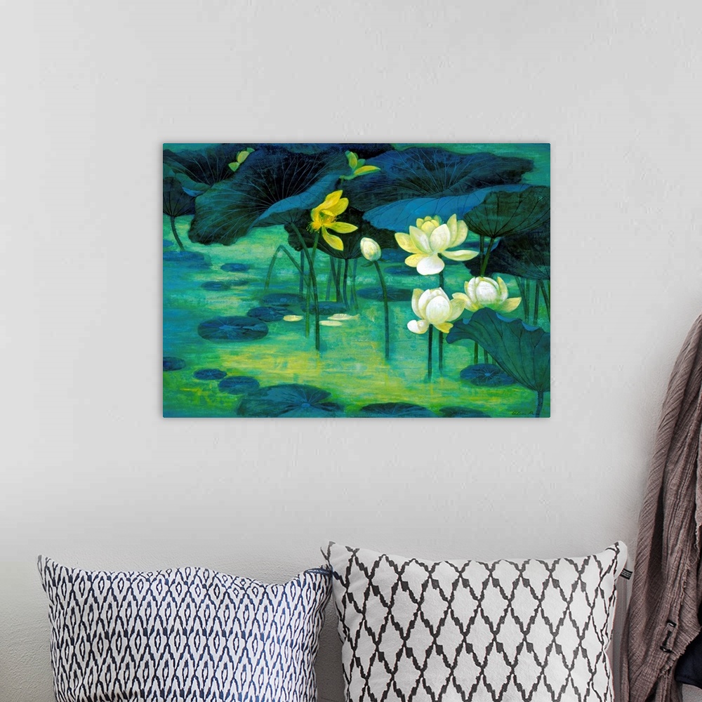A bohemian room featuring Painting of lilies and flowers in a pond on canvas.