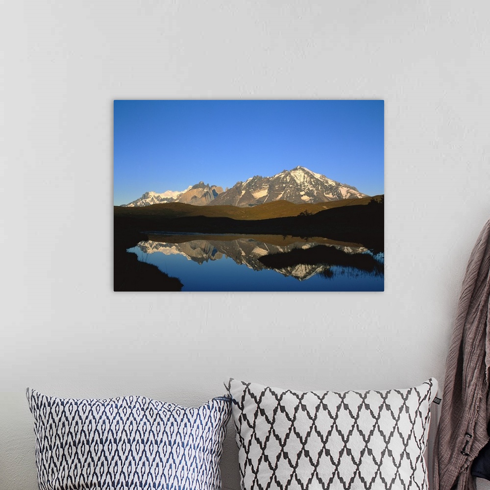 A bohemian room featuring Chile, Torres Del Paine National Park, Panoramic view of a mountain range around a lake
