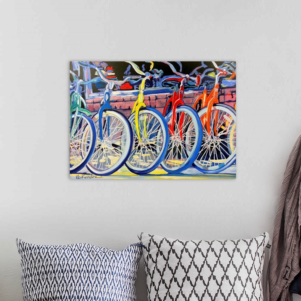 A bohemian room featuring A green, blue, yellow, red, and orange bike lined up in front of the bicycles store.